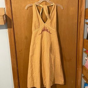 Two shades of light brown Knotted halter dress with wine red embroidery
